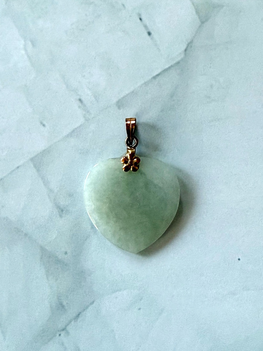 Vintage 14k Gold Green Heart Chinese Jade Pendant with Flower Bail